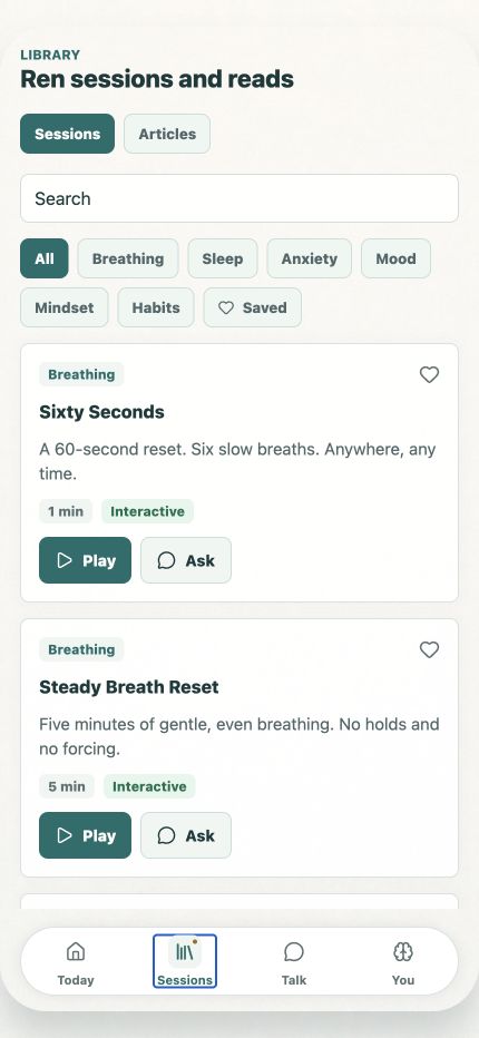 BetterMinds showing Ren sessions and reads