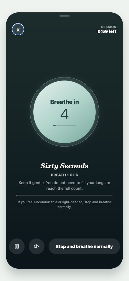 BetterMinds showing the Sixty Seconds guided breathing session