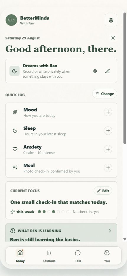 BetterMinds Today screen with quick check-ins and user-visible context.